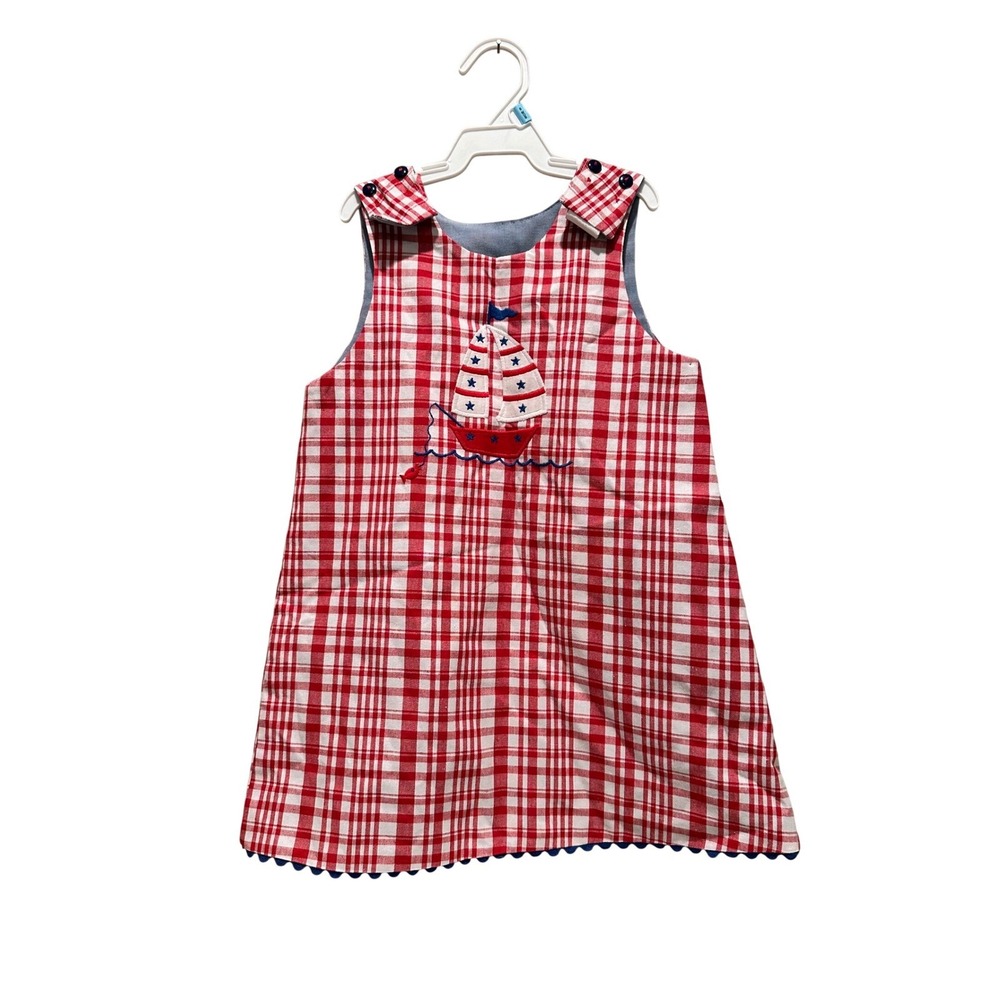 The Bailey Boys Reversible Patriotic Sailboat Gingham Dress 3T Red White Blue